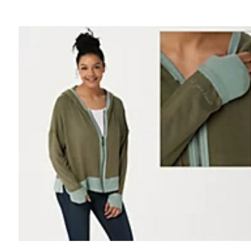 Peace Love World 3X Hoodie, Olive green with light blue green trim.